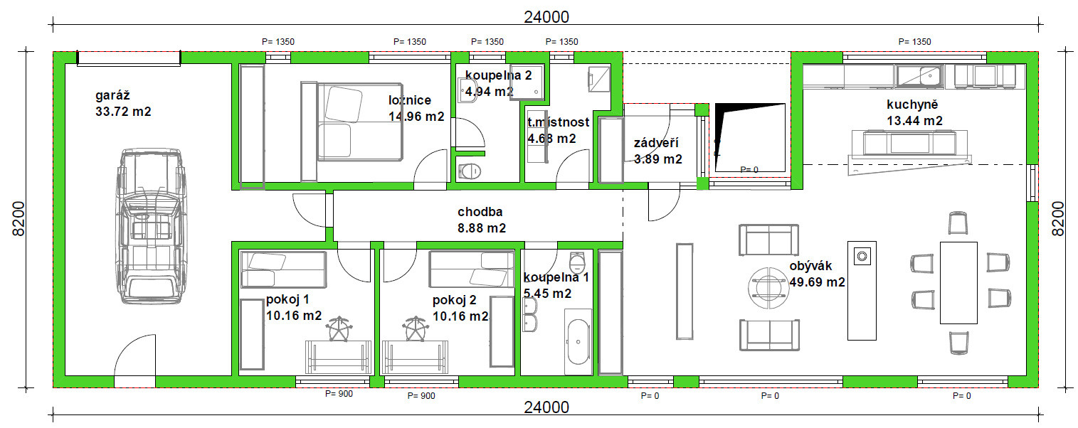 Půdorys projektového bungalovu řady KLASIK 159