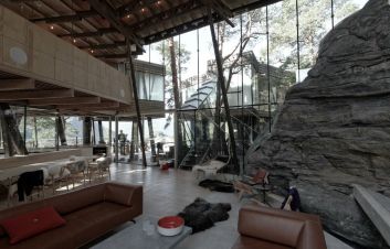 Chata, jakou svět neviděl - stěny domu tvoř&iacute; masivn&iacute; sk&aacute;la a sklo